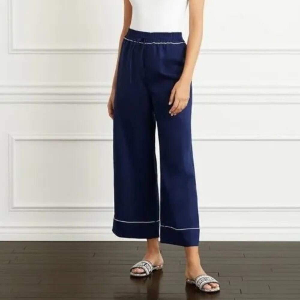 Hill House The Skylar Navy Blue Linen Wide Leg High Rise Pants Size M NWT